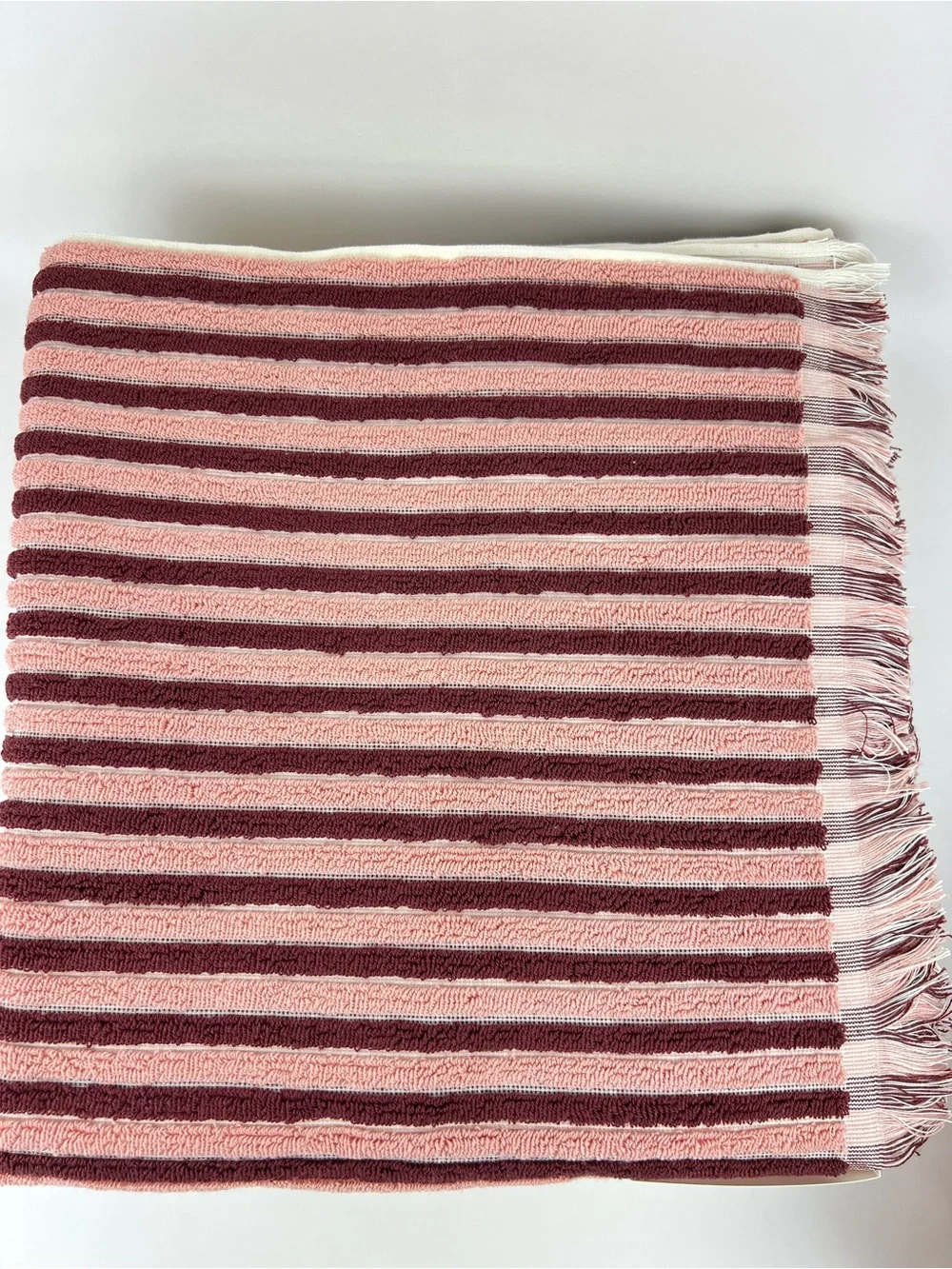 Rachel Zoe Pink & Burgundy Striped Cotton Bath Towels with Fringe 2 Pc Set NEW
